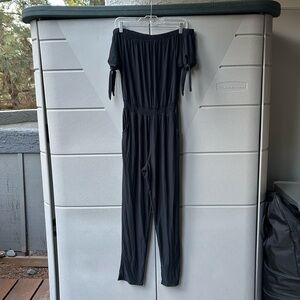 Off-The-Shoulder Jumpsuit with Tie Accents (Black)